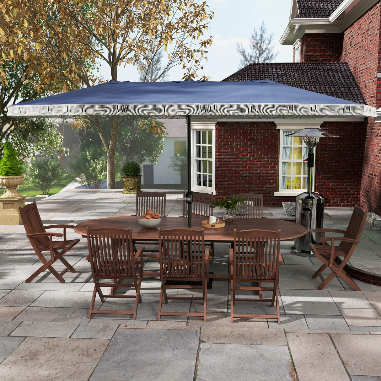 Outsunny 15ft Extra Large Patio Umbrella with Fringe, UPF30+ Double-sided Market Umbrella with Easy Crank Handle, 2 Vents for Garden Pool Lawn, Dark Blue Outsunny