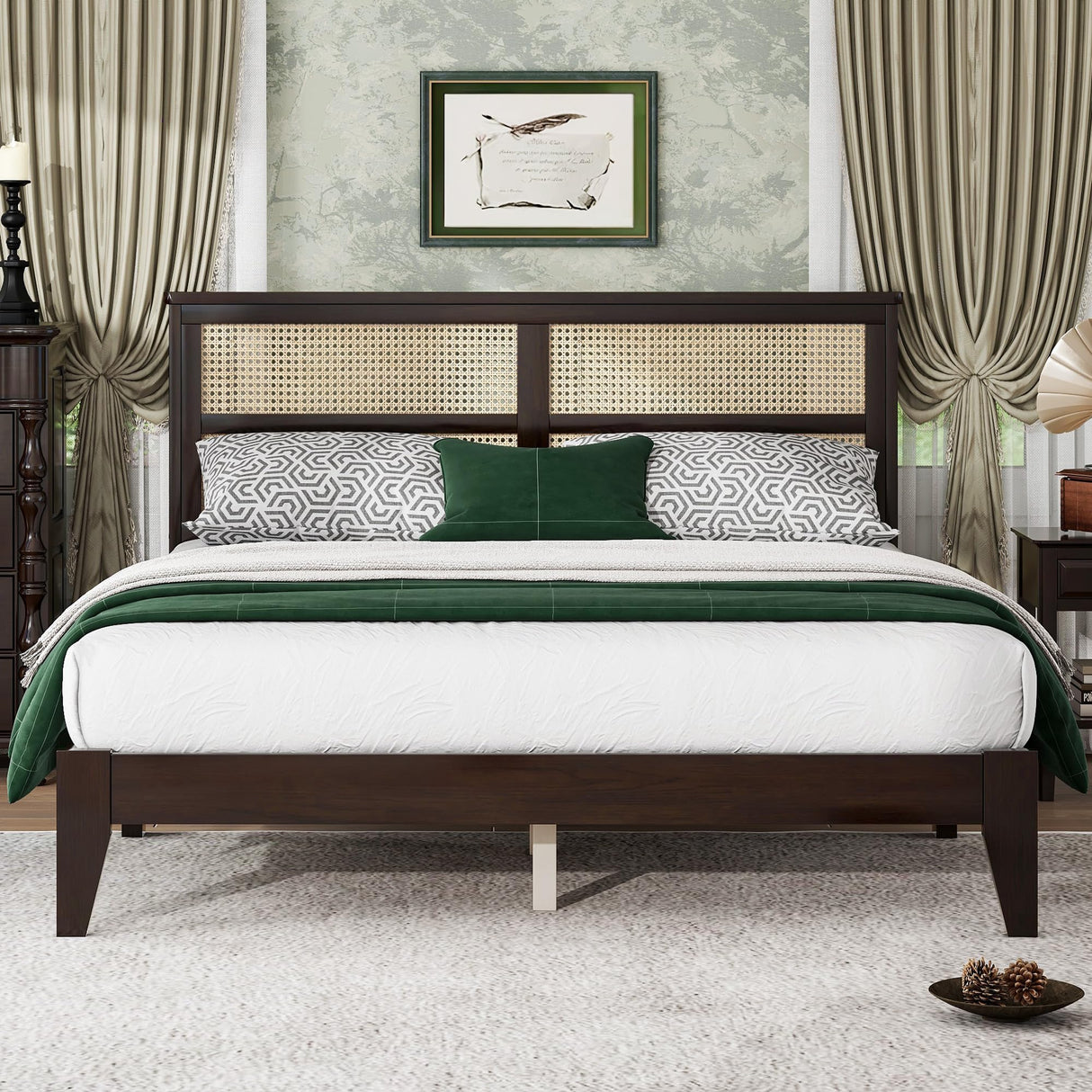 Luxepurilyn Rubber Wood Queen Size Bed Frame, Rattan Bed Frame Queen with Rattan Headboard, Enhanced Support Slats- Rubber Wood, Espresso, No Box Spring Needed Luxepurilyn