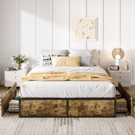 SHA CERLIN Queen Platform Bed Frame with 2 Large Storage Drawers, Rustic Wood and Metal, Noise-Free, Easy Assembly, No Box Spring Needed, Brown SHA CERLIN
