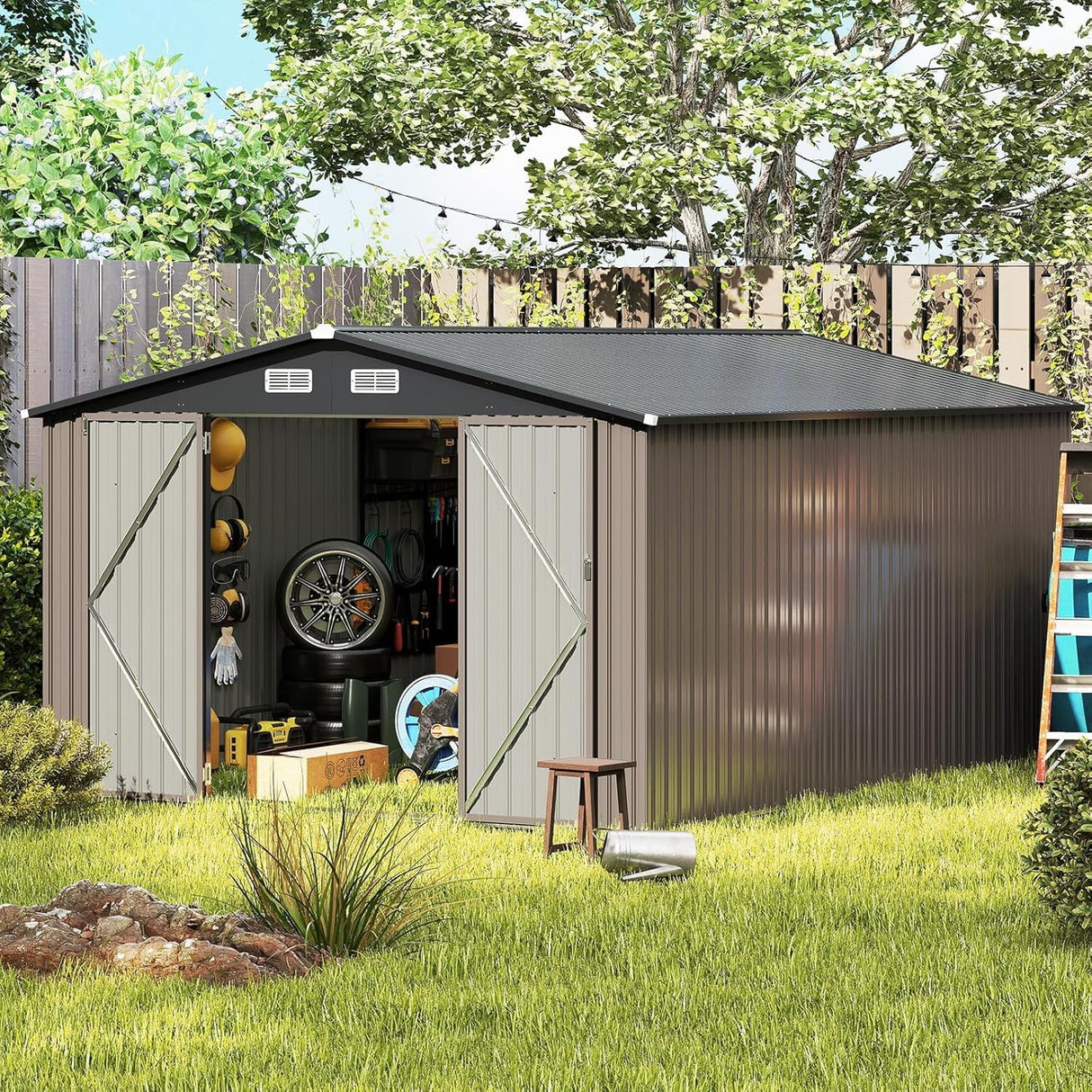 GVDV 10x14 FT Outdoor Metal Storage Shed, Durable Garden Shed with Updated Frame Structure for Backyard, Patio, Tool Storage, All-Weather Shelter for Bike, Gardening Tools, Lawn Mowers GVDV