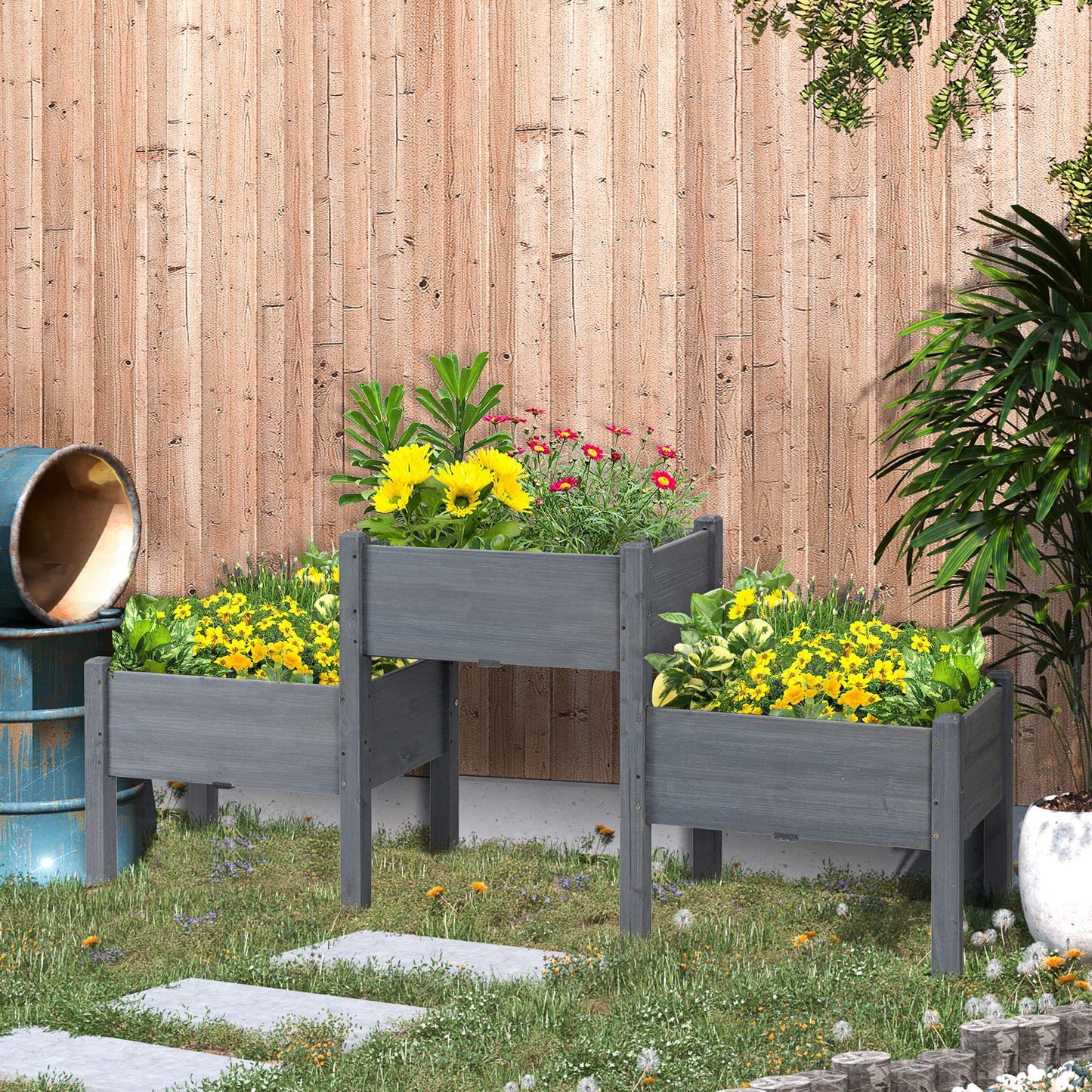 Outsunny Raised Garden Bed with 3 Planter Box, Elevated Wooden Plant Stand with Drainage Holes, for Vegetables, Herb and Flowers, Gray