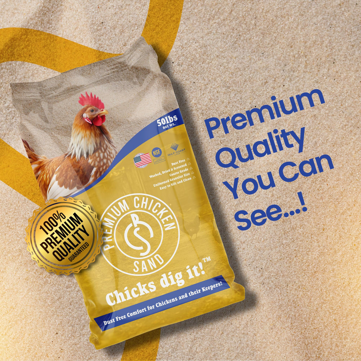 Premium Chicken Sand, 50 lb Bag Odor Eliminating Bedding for Chicken Coops, Nesting Boxes & Runs Premium Chicken Sand