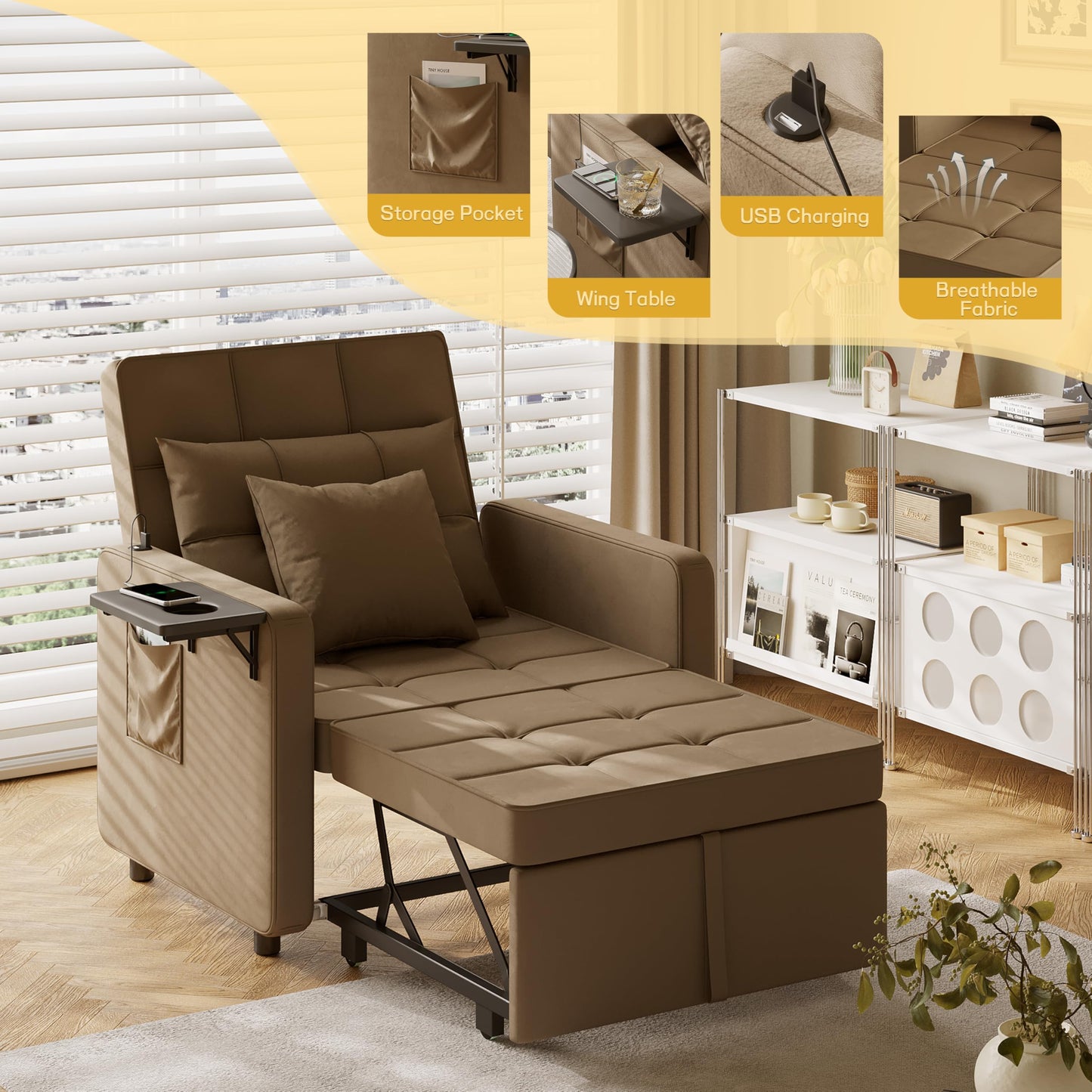 Vabches Sofa Bed Chair with Wing Table and USB Ports Outlet, 3-in-1 Sofa Chair Bed Couches with Two Pillows, Velvet Sleeper Chair with Adjustable Backrest, Easy Assembly, Brown