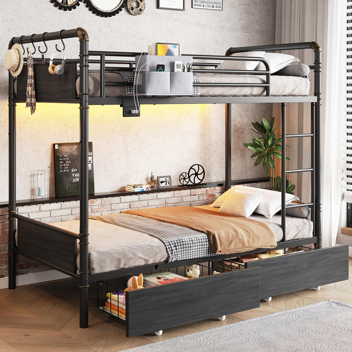 Jocoevol Metal LED Bunk Bed Twin Over Twin with 2 Storage Drawers, USB Charging Station, Industrial Bunkbeds Heavy Duty Bed with Safety Guardrail and Ladder, No Box Spring Needed, Black Jocoevol