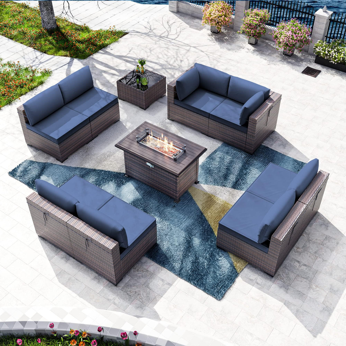 Kullavik 10 Pieces Outdoor Patio Furniture Set with 43" Gas Propane Fire Pit Table PE Wicker Rattan Sectional Sofa Patio Conversation Sets,Navy Blue Kullavik
