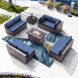 Kullavik 10 Pieces Outdoor Patio Furniture Set with 43" Gas Propane Fire Pit Table PE Wicker Rattan Sectional Sofa Patio Conversation Sets,Navy Blue Kullavik
