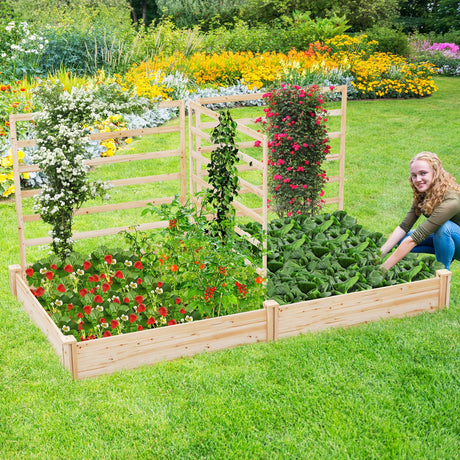 HAPPYGRILL Raised Garden Bed with 3 Trellises, Outdoor Wood Raised Bed w/ 2 Planter Boxes for Flowers, Vegetables, Fruits Climbing Vines, Elevated Garden Box for Yard Patio, 88" L x 45" W x 43" H HAPPYGRILL
