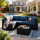 5 Piece Patio Furniture Sets, Low Back All-Weather Rattan Sectional Sofa with Tea Table&Washable Couch Cushions, Patio Furniture Sets, Black Rattan SUNLEI
