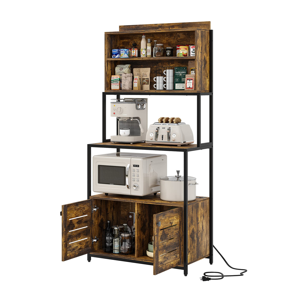 Furniouse Rustic Brown 5-Tier Kitchen Baker's Rack with Power Outlet and Storage Cabinets Furniouse