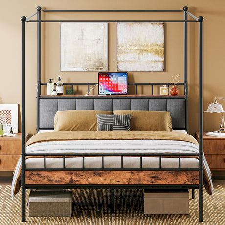 LIKIMIO Canopy Bed Frame Full, Storage Headboard with Charging Station, Platform Bed with 4 Removable Sturdy Posts, Noise Free, No Box Spring Needed, Vintage Brown LIKIMIO