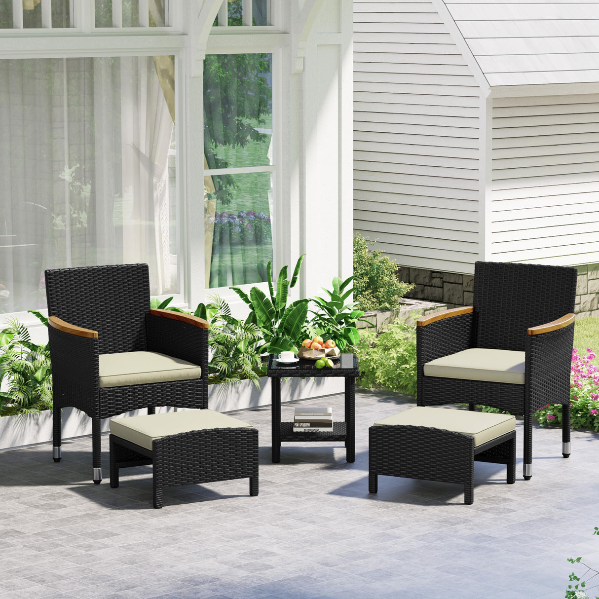 Yaheetech 5 Piece Patio Conversation Set, Outdoor Wicker Bistro Furniture, PE Wicker Outdoor Rattan Chairs Set with Coffee Table for Porch, Poolside, Lawn, Garden, Balcony Yaheetech