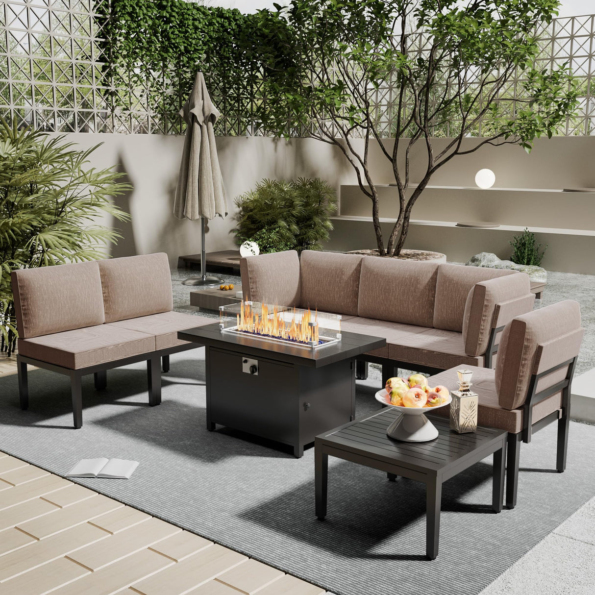 ASJMR Patio Furniture Set,8 Pieces Modern Outdoor Conversation Set w/43in Gas Fire Pit Table, Outdoor Metal Sectional Sofa with 55000 BTU Propane Fire Pit. ASJMR