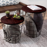 Lavish Home End Tables Set of 2 - Nesting Tables with Removable Wood Tops and Metal Basket Bases for Blanket Storage - Round Side Furniture for Living Room, Bedroom, or Home Office (Cherry/Black) Lavish Home