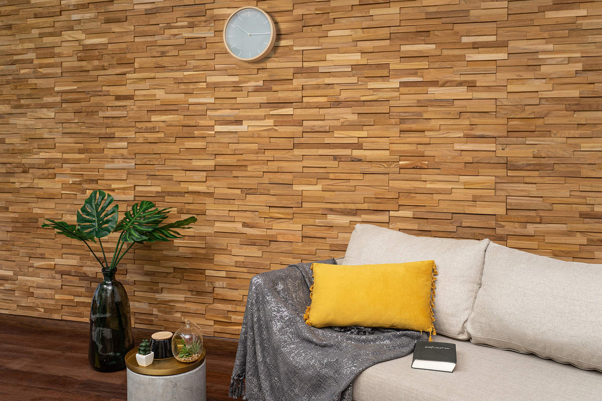WoodyWalls 3D Wall Panels | Wood Planks are Made from 100% Teak | Each Wood Panel is Handmade and Unique | Premium Set of 10 3D Wall Decor Panels | DIY Wood Panels (9.5 sq.ft. per Box) Natural Teak Woody Walls