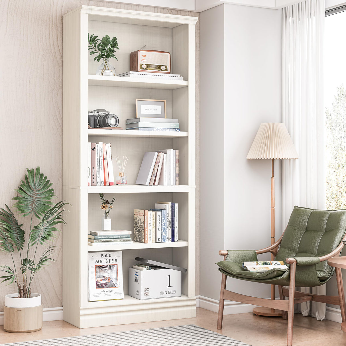 Fllution 72 in Tall Bookcase, 31.3 in Wide Floor Standing Bookshelf, Open Storage 5-Shelf Bookshelves, Cream White Large Indoor Furniture for Home Office School Library Living Room Bedroom Fllution