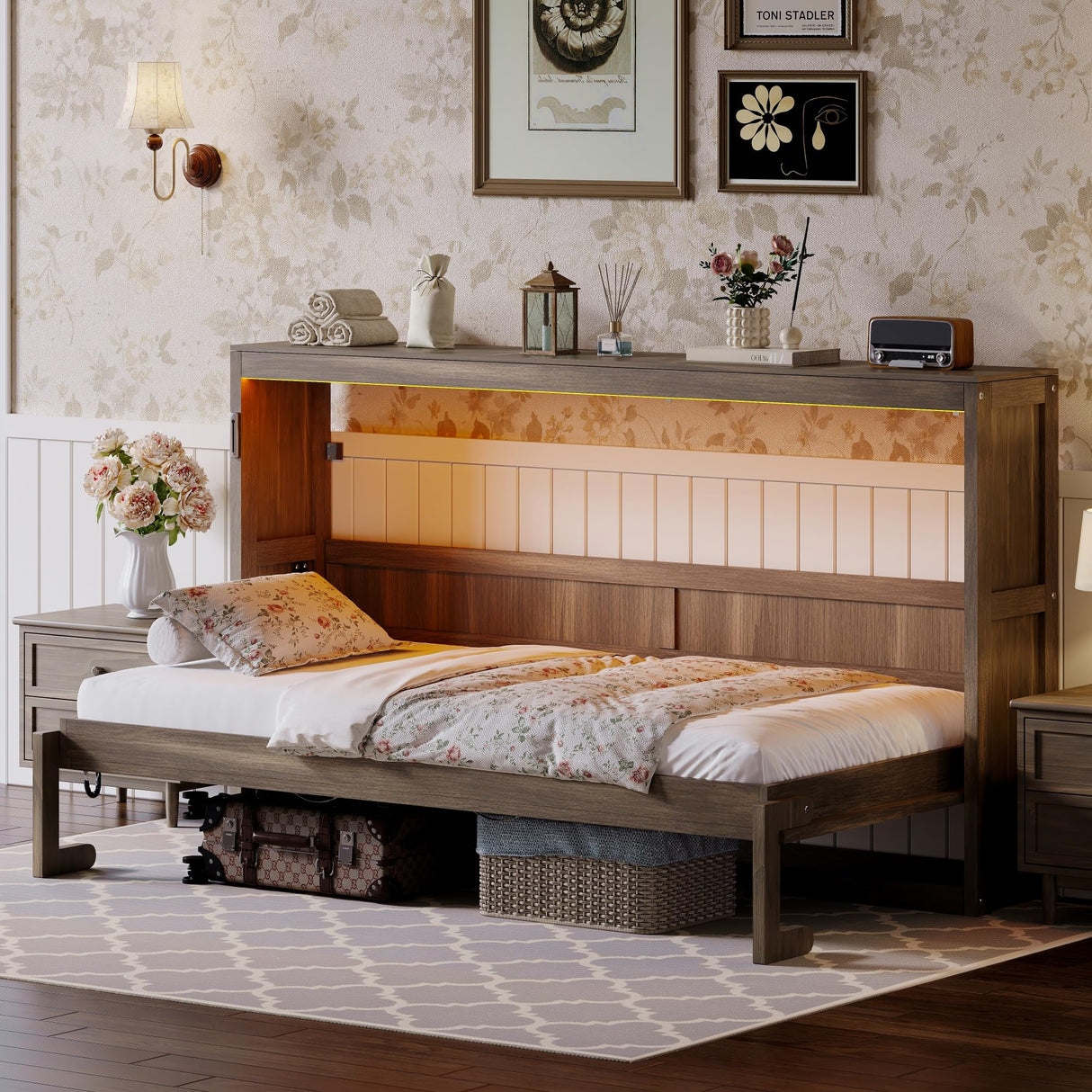 SOFTSEA Twin Size Murphy Bed with LED Light, Rustic Hidden Wall Bed Frame with LED for Small Spaces, 2 in 1 Murphy Bed Cabinet, No Box Spring Needed, Brown SOFTSEA