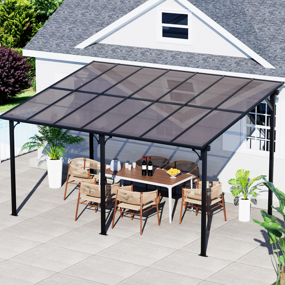 GDPFN 14' x 10' Gazebo, Outdoor Hardtop Pergola with Roof, Wall Mounted Lean to Gazebo, Large Heavy Duty Metal Awnings for Patio, Backyard, Deck… GDPFN