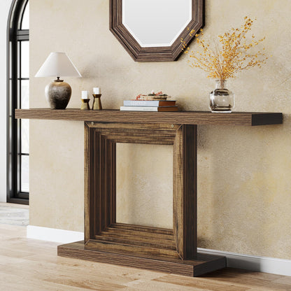 Tribesigns 55-Inch Console Table for Entryway, Farmhouse Hallway Foyer Table with Unique Square Cutout Base, Long Wood Console Table for Living Room, Entrance, Brown - WoodArtSupply