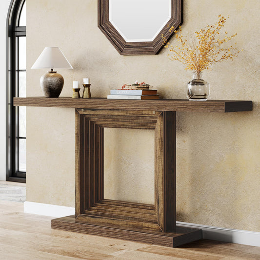 Tribesigns 55-Inch Console Table for Entryway, Farmhouse Hallway Foyer Table with Unique Square Cutout Base, Long Wood Console Table for Living Room, Entrance, Brown - WoodArtSupply