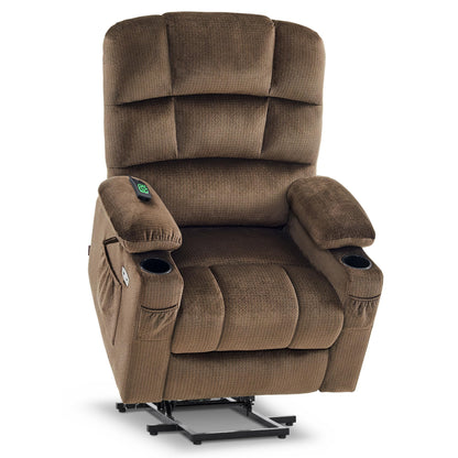 MCombo Dual Motor Power Lift Recliner Chair with Massage and Heat for Elderly People, Infinite Position, USB Ports, Cup Holders, Fabric 7680 (Large-Regular, Brown)