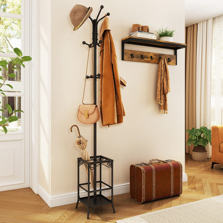 Hoctieon Coat Rack Freestanding,Entryway Hanger Stand,Umbrella Holder,Hall Tree With 12 Hooks, Floor Standing Metal Tree Stand, Black Hoctieon