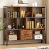 Winkalon Bookshelf, 10 Cube Bookshelf with Canvas Drawer, 3 Tier Wide Bookcase with Adjustable Legs, Metal Bookshelf with Open Stoage for Bedroom, Living Room, Office Winkalon