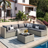 VONZOY Patio Furniture Set, 7-Piece Outdoor Sectional All-Weather Wicker Patio Conversation Set for Backyard (Grey Cushions with Grey Rattan) VONZOY