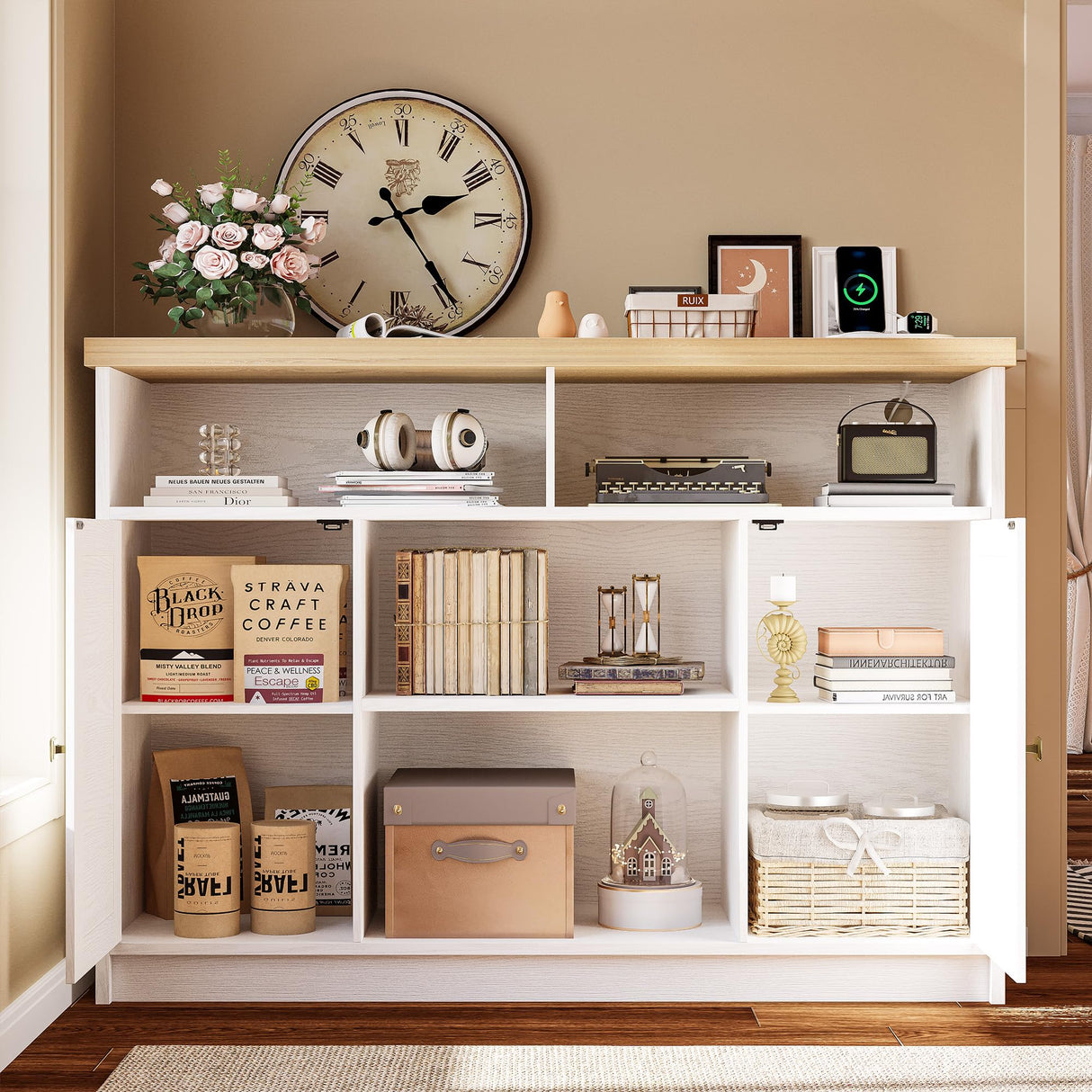 IRONCK Coffee Bar Cabinet with Power Strip, 47" Storage Cabinet with Barn Doors and Thickened Top Board, White Sideboard, Buffet for Dinning Room, Kitchen, Living Room IRONCK