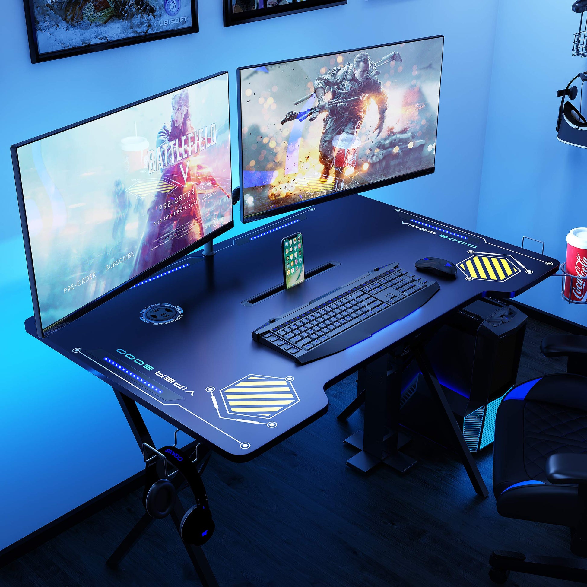 Atlantic Viper 3000 Gaming Desk – Single Laminated Surface, Heavy-Duty Steel X-Legs, Integrated LED, 3 USB 3.0 Ports, Smart Device Slot, Surge Protector Tray, Headset Hooks, PN 33906164 - Bla - WoodArtSupply