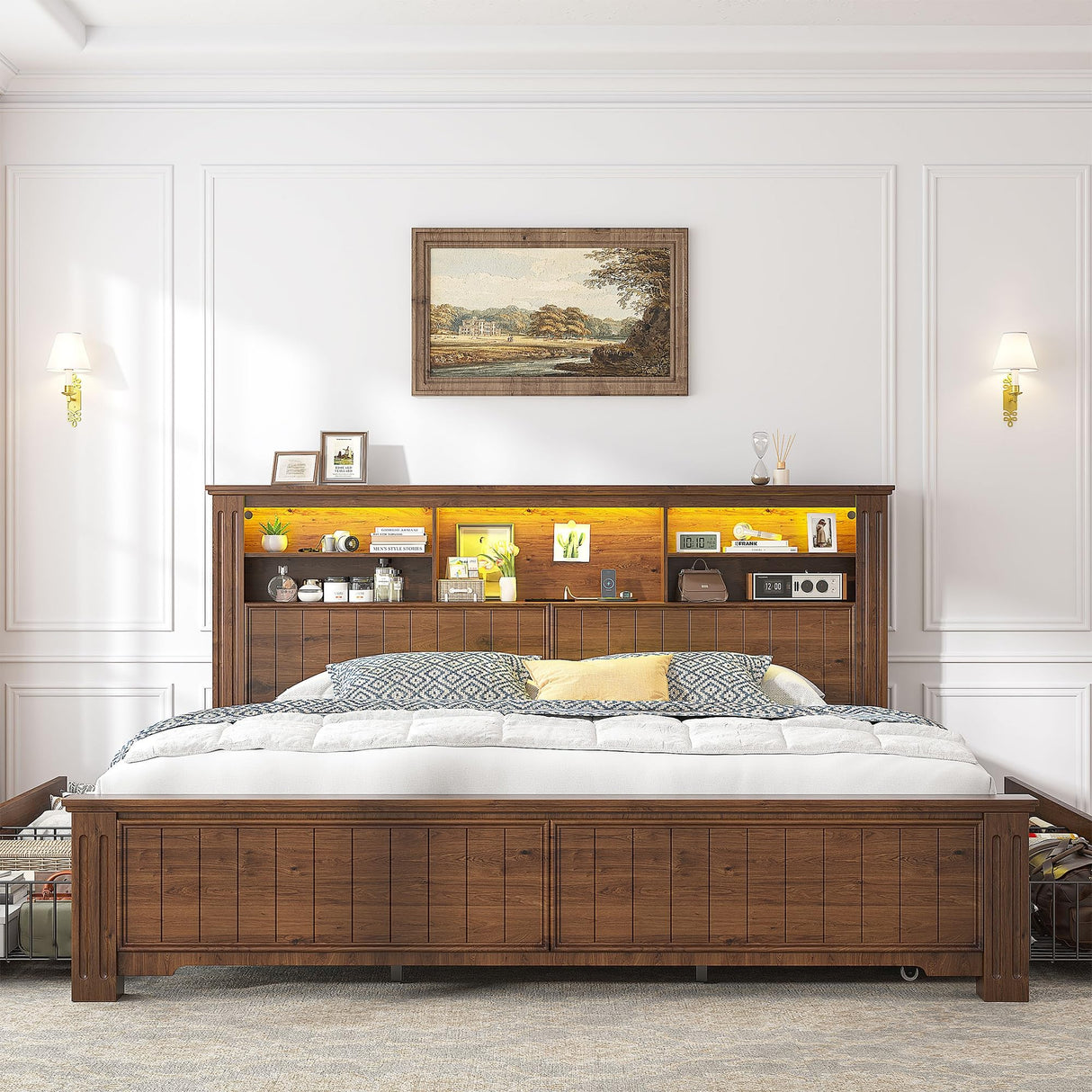 EnHomee King Size Bed Frame and Headboard & Storage, 4 Drawers & LED & USB King Bed Frame with Storage Farmhouse, Built in Charging Station,NO Noise,No Box Spring Needed,Brown EnHomee