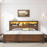 EnHomee King Size Bed Frame and Headboard & Storage, 4 Drawers & LED & USB King Bed Frame with Storage Farmhouse, Built in Charging Station,NO Noise,No Box Spring Needed,Brown EnHomee