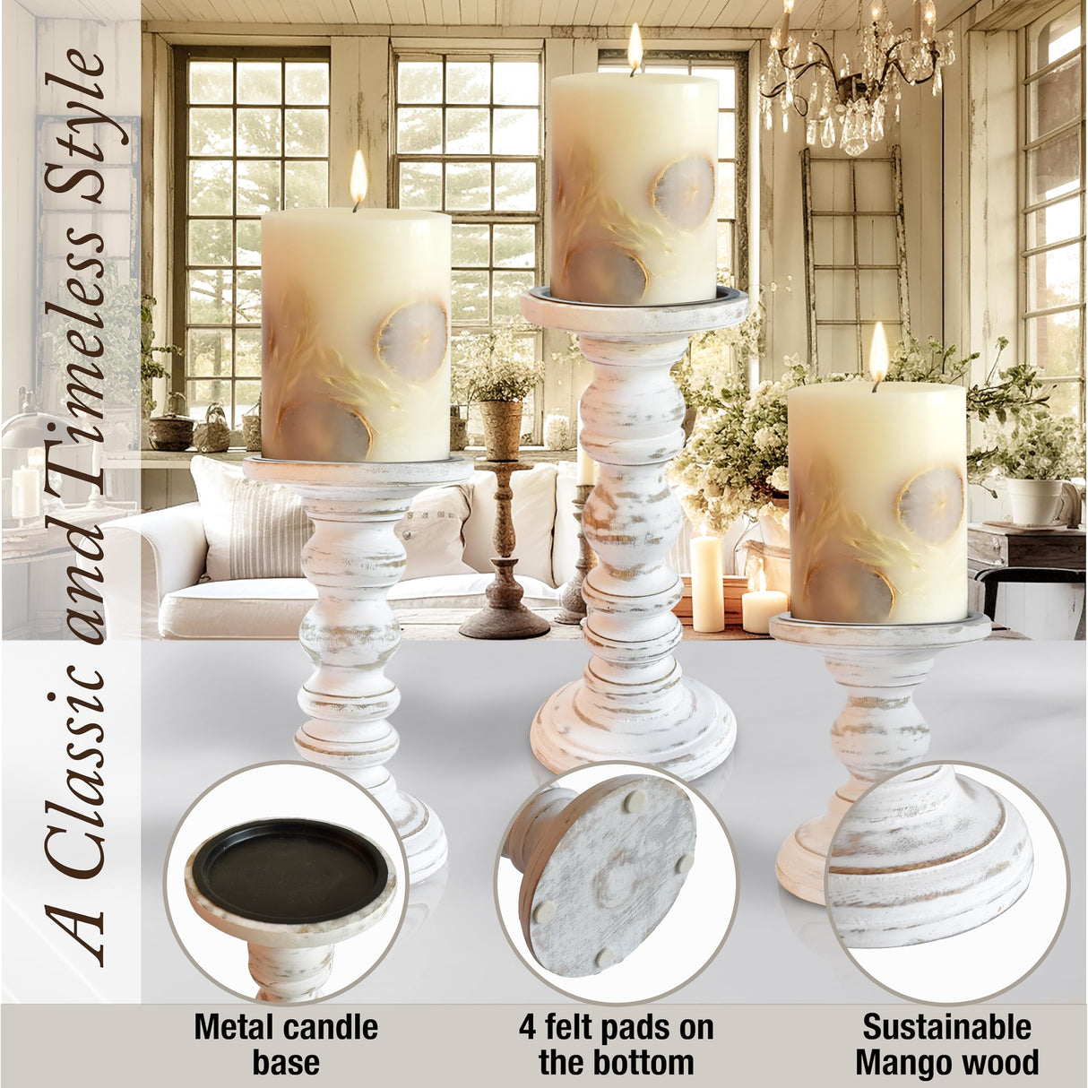 Wood Candle Holders for Pillar Candles (Set of 3) Tall Large Rustic Pillar Candlestick Stands - Fits Both 4 inch and 3 inch Wide Pillar Candles - Modern Farmhouse Decor (Antique White) My Fancy Farmhouse