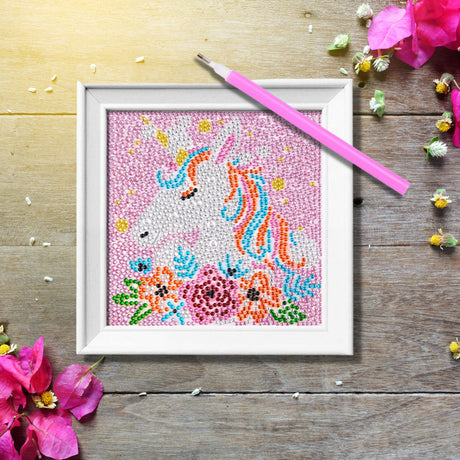 Cute Diamond Painting Kits Large 7x7 Natural Wooden Frame, Pre-Mounted Canvas, Sparkling Crystal Gems, Pen, Arts & Crafts Tray, Gum. Famous Characters, Unicorn USACRAFT