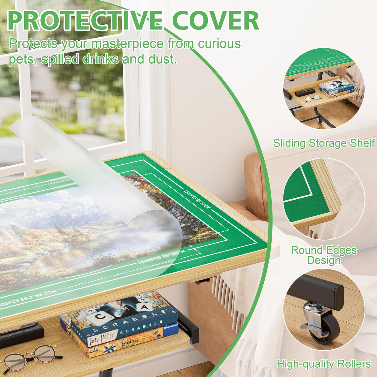 Puzzle Table with Drawers for 1500 Piece Jigsaw Puzzles – Crank Handle Adjustable Tilting Puzzle Board with Legs and Wheels for Adults, Wooden Puzzle Boards with 6 Trays & Cover, Sliding Storage Shelf EVAWOO