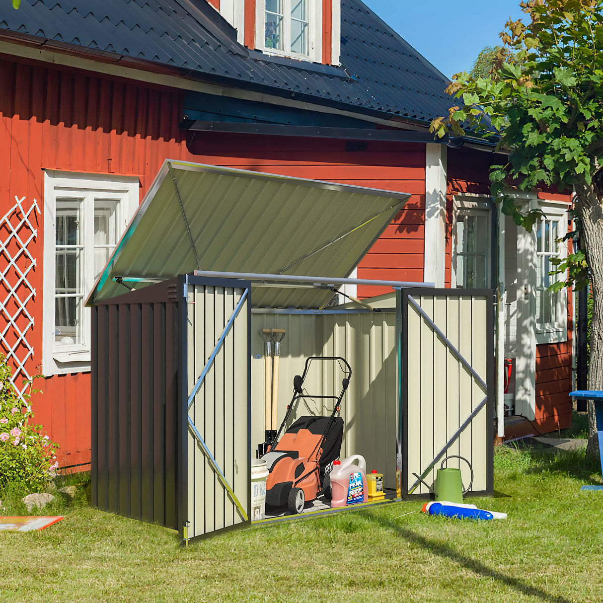Greesum 5.8x3.3 FT Outdoor Storage Shed Metal Garbage Shed with Lid Chain Hydraulic Gas Rod for Lawn Tools, Bikes, Toys,Garbage Bin,Black Greesum