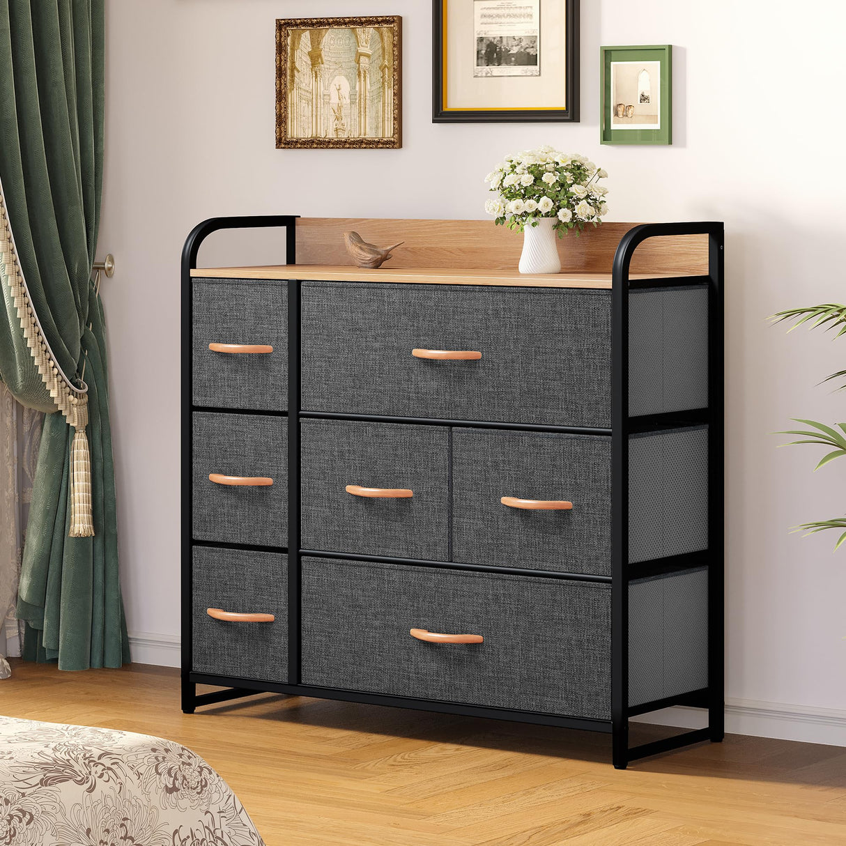 DWVO Fabric Dresser with 7 Drawers, Black Dresser & Chest of Drawers, Storage Tower with Large Capacity, Organizer Unit for Bedroom, Living Room & Closets DWVO