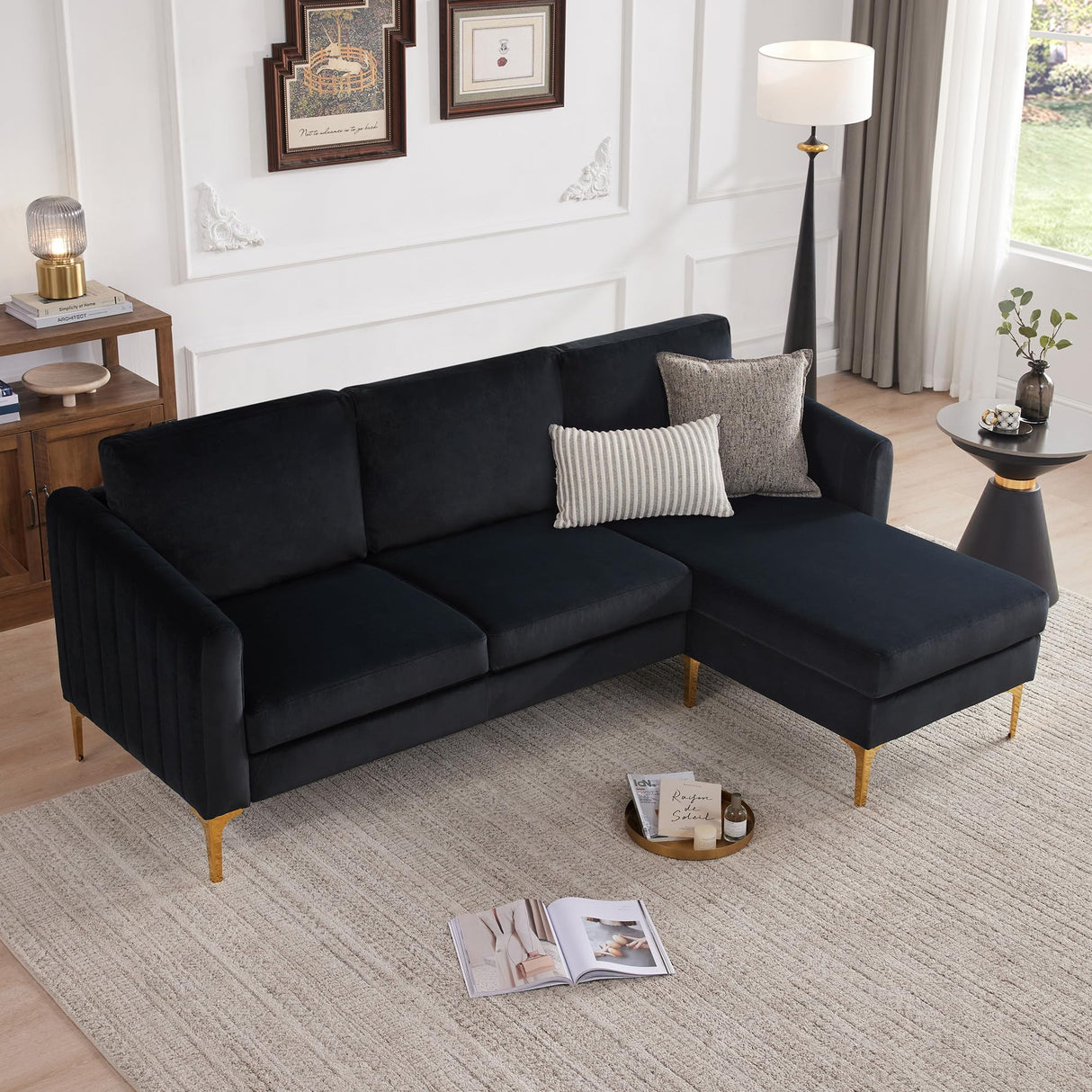 Kingfun 84" W Sectional Couches for Living Room, Velvet L Shaped Couch with Chaise and Metal Legs, 3 Seater Sofa Small Couch for Small Spaces Bedroom, Black Kingfun