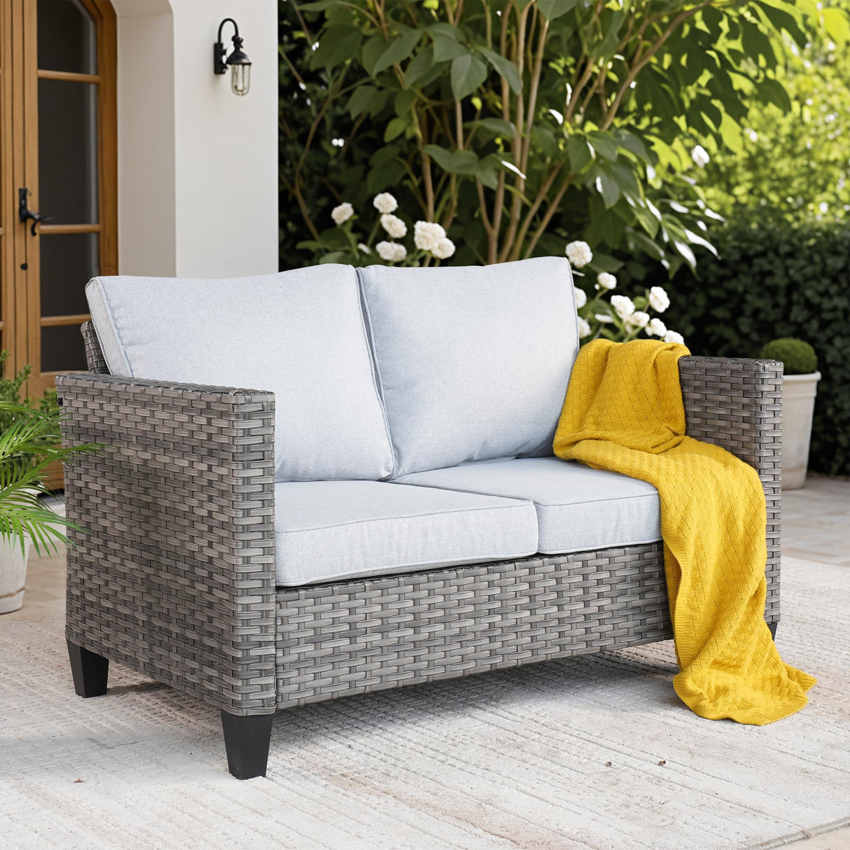 ovios Patio Loveseat, 2-Seater Outdoor Wicker Sofa Couch with Comfy Cushions, All Weather High Back Deep Seating Rattan Love Seat for Porch Deck Balcony, Grey ovios
