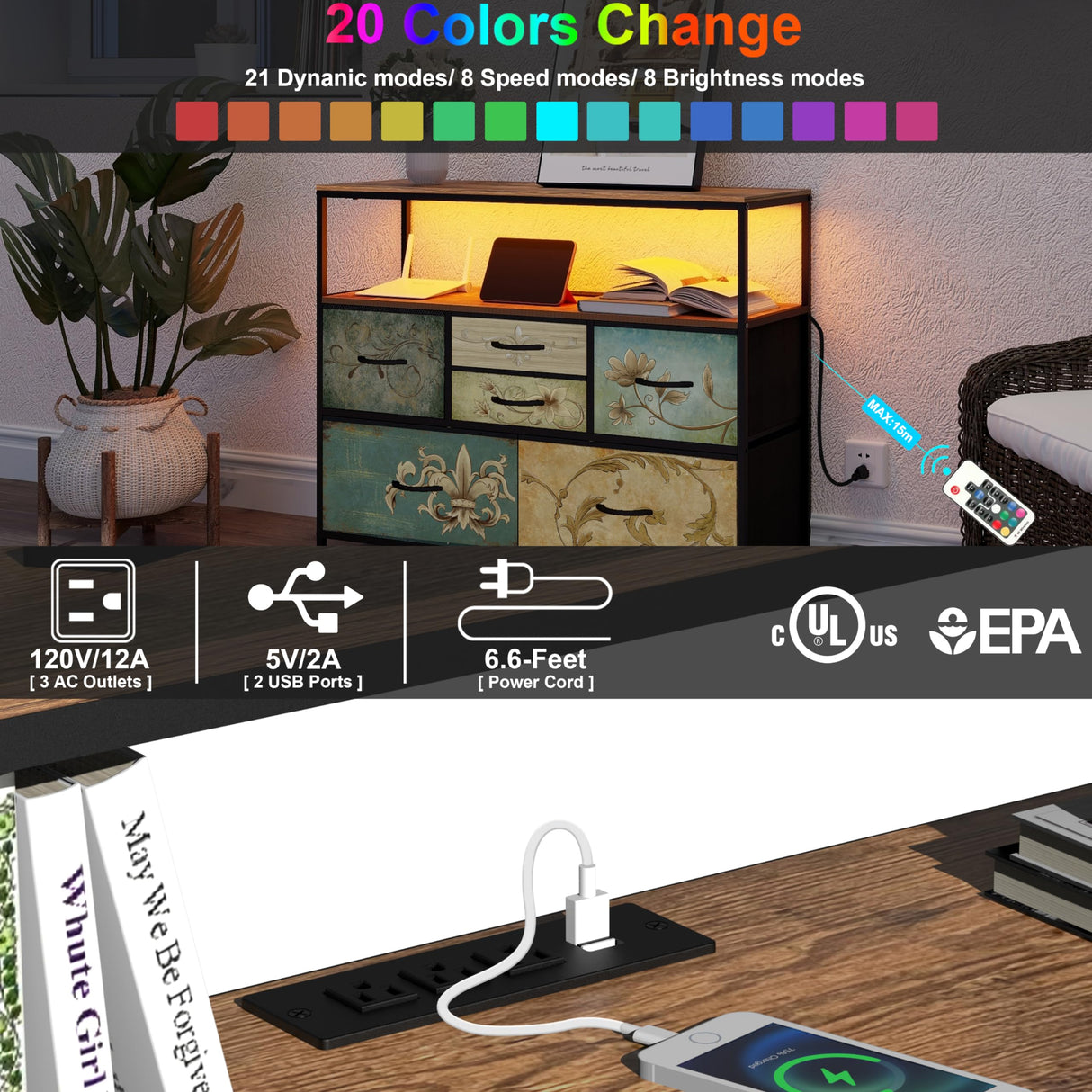 Tohomeor TV Stand with Power Oulet Dresser with Charging Station & LED Light Dresser with 6 Fabric Drawers for Living Room Storage Chest of Drawers Retro Dresser with Open Shelf Wooden Top Tohomeor