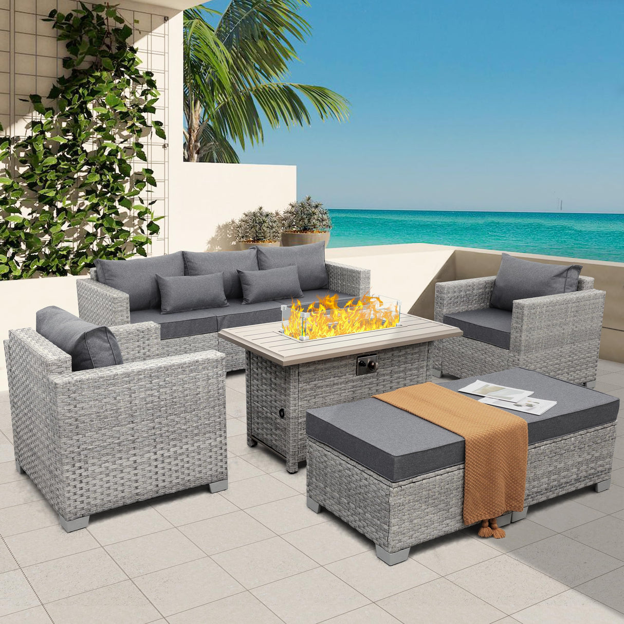 WAROOM Patio Furniture Set 6 Piece Grey Wicker Outdoor Furniture Patio Sectional Sofa Couch PE Rattan Conversation Sets with Fire Pit Table, Grey cushion WAROOM