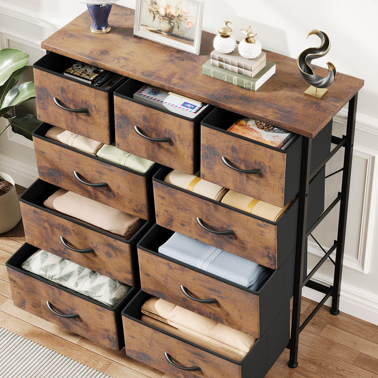 Jocoevol Fabric Dresser for Bedroom with 9 Drawers - Sturdy Steel Frame, Wooden Top & Easy Pull Chest of Drawers with Fabric Bins, Storage Organizer for Closet, Guest Room, Entryway (Rustic Brown) Jocoevol