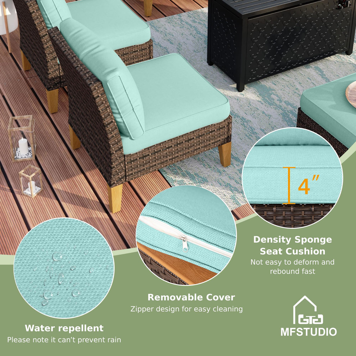 MFSTUDIO 9 Piece Extra Large Wicker Patio Furniture Set with 56" Fire Pit Table, All-Weather Rattan Sectional Sofa Patio Conversation Set with 50000 BTU CSA Approved Fire Pit & Aqua Blue Cushion MFSTUDIO