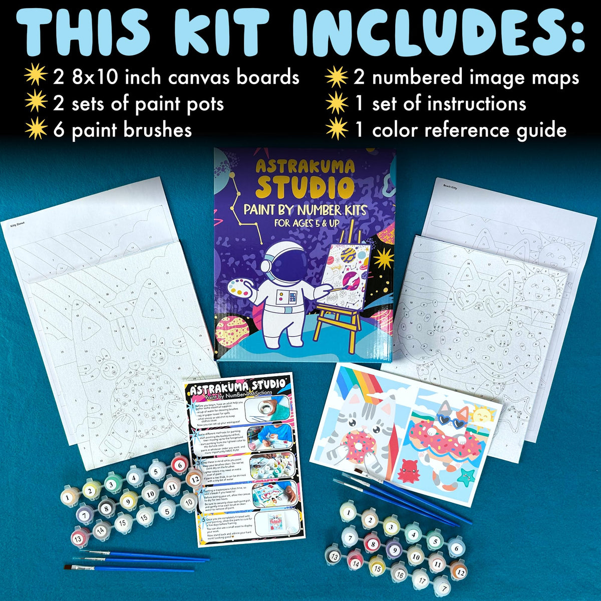 Astrakuma Studio Paint by Numbers for Kids Ages 8-12 - Cat Donut Painting by Number Kits with Pre Drawn Canvas Boards, Small Animals Paint and Sip Kit for Beginner Artist, Easy Acrylic Paint-By-Number Astrakuma Studio