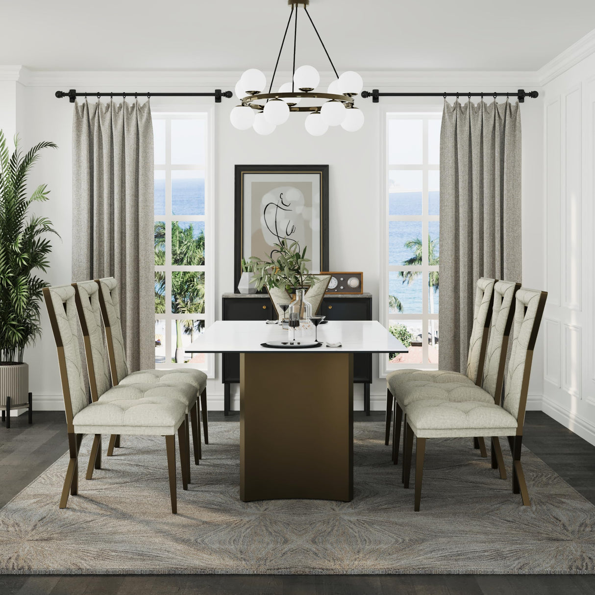 Anewsun 9 Piece Dining Table Set, Brushed Bronze Dining Room Table Set with 78 inch White Stone Table and 8 White Chenille Dining Chairs Anewsun