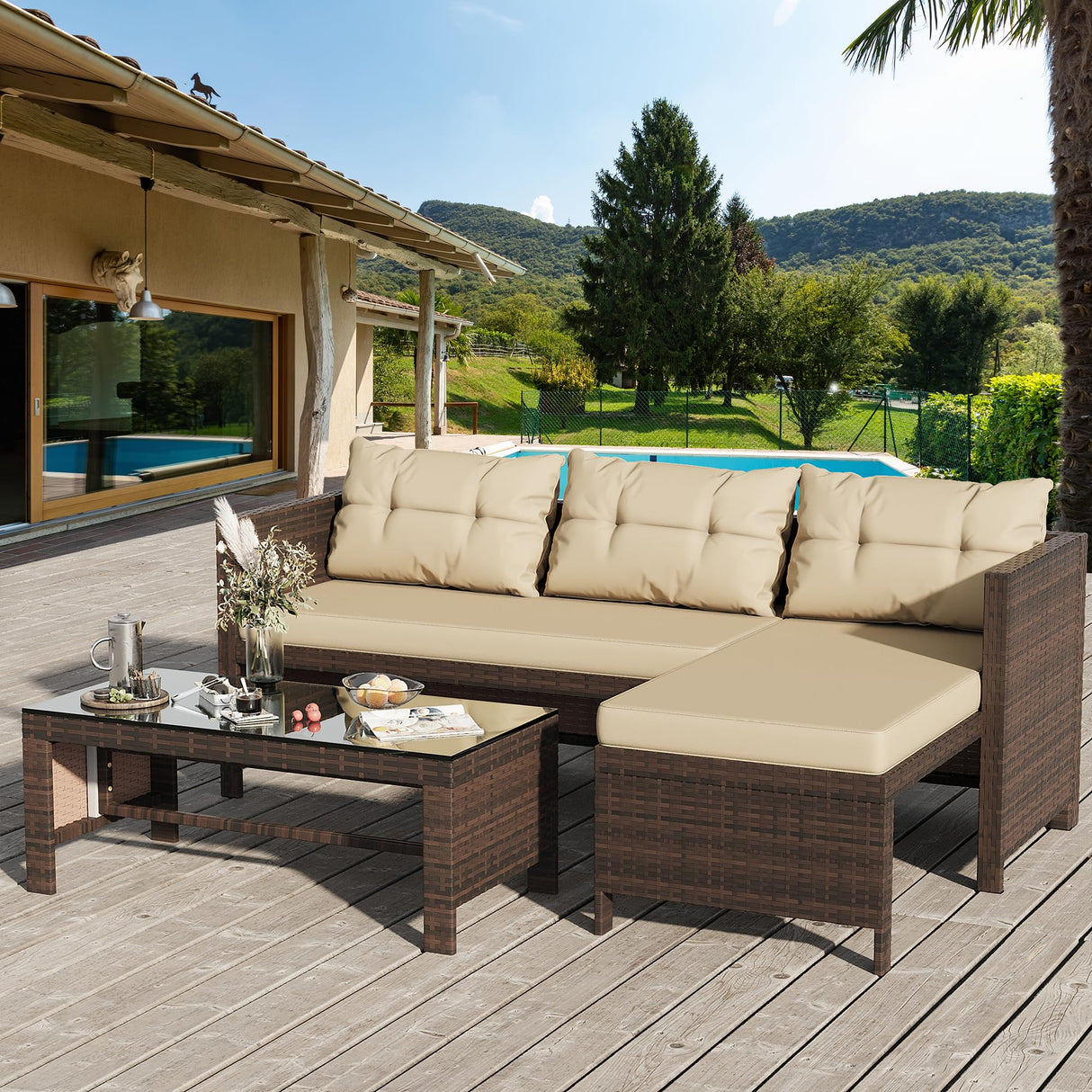 Shintenchi Outdoor Patio Furniture Sets, Wicker Patio sectional Sets 3-Piece, All Weather Wicker Rattan Patio Seating Sofas with Glass Coffee Table and Cushion (Beige) Shintenchi