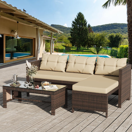 Shintenchi Outdoor Patio Furniture Sets, Wicker Patio sectional Sets 3-Piece, All Weather Wicker Rattan Patio Seating Sofas with Glass Coffee Table and Cushion (Beige) Shintenchi