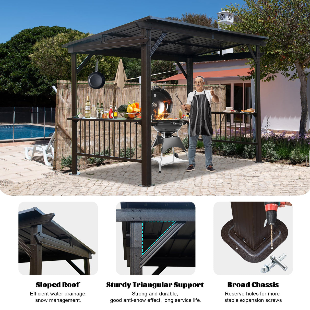 Domi 6.5x12FT Hardtop Grill Gazebo, Outdoor BBQ Gazebo with 2 Side Shelves and Sloping Galvanized Steel Roof, Metal Permanent Grill Canopy with Ceiling Hooks for Patio, Lawn, Backyard, Deck, Brown domi outdoor living