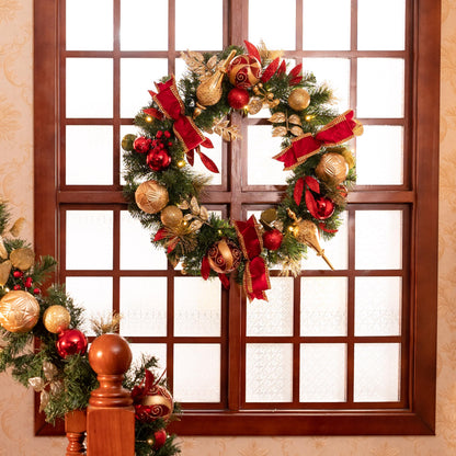 Valery Madelyn 24 Inch Pre-Lit Christmas Wreath for Front Door with Light, Large Lighted Christmas Wreath with Red Gold Xmas Ball for Fireplace Window Outdoor Table Centerpiece Holiday Home Decoration