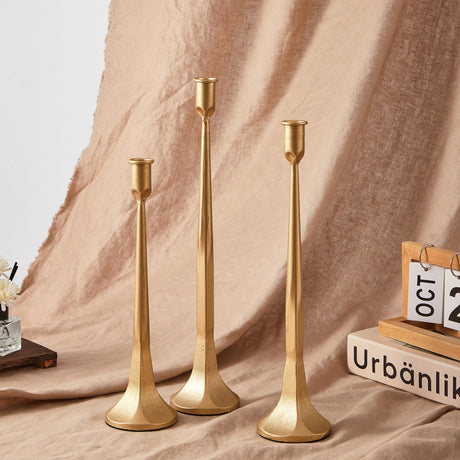 Denique Iron Taper Candle Holder Set of 3, Gold Candlestick Holders Decorative Candle Stand, Tapered Candle Holders Tall Set for Wedding, Dining Table, Home Decoration (Gold) Denique
