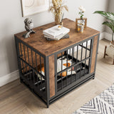 FOUBAM Dog Crate Furniture, Metal and Wooden Dog Crate, Dog Kennels with 3 Doors Indoor, Pet Puppy Crate End Table for Small Dog, Heavy Duty Dog House, Rustic Black and Brown FOUBAM